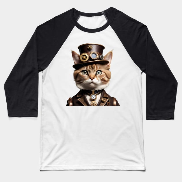 Funny Vintage Gothic Fashion Cyberpunk Gear Steampunk Cat Baseball T-Shirt by Tina